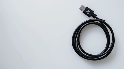 USB charging cable in black works with various devices on white backdrop