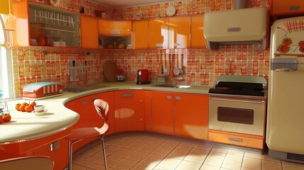 Poster - Vintage retro kitchen with orange pattern tiles, american retro kitchen home interior design 70's style