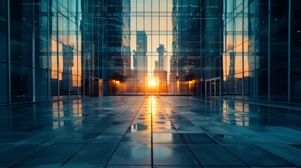 Poster - Symmetrical windows in modern glass building at sunset with reflective visual effect