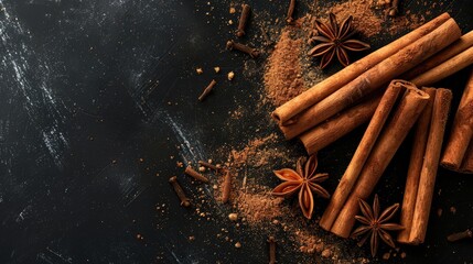 Wall Mural - Ground cinnamon and cinnamon sticks on a black background with copy space