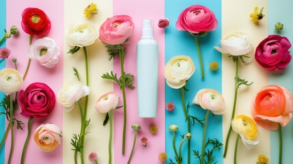 Wall Mural - Arrangement of varied beauty products with ranunculus blossoms on colorful backdrop