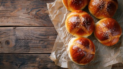 Wall Mural - Freshly baked milk buns on table with space for copy food background