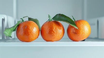 Wall Mural - Close up of three fresh tangerines on white background from fridge