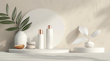 Wall Mural - Cosmetic product display with leaf and circle on neutral background