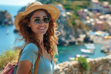 A cheerful young woman wearing a stylish hat and sunglasses enjoys a sunny day in Cinque Terre, Italy.