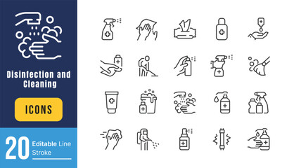 Set of Disinfection and Cleaning Related Vector Line Icons. Contains such Icons as Man in Disinfection Protective Suite, Sanitizer, Spray more. Editable Stroke.