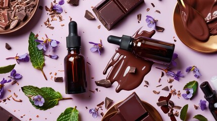 Poster - Arrangement of essential oil bottles facial massage tool and melted chocolate on bright backdrop