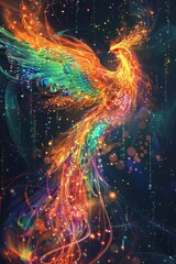 Wall Mural - A phoenix rising from flames, with a background composed of shimmering, colorful pixels and data streams. 