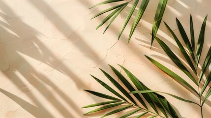 Tropical palm leaf shadow on beige wall in minimal design summer theme flat lay