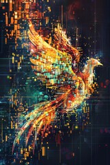 Wall Mural - A phoenix rising from flames, with a background composed of shimmering, colorful pixels and data streams. 