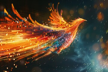 Wall Mural - A phoenix rising from flames, with a background composed of shimmering, colorful pixels and data streams. 