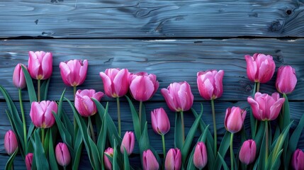 Poster - Pink tulips on wooden background with empty area for text on International Women s Day