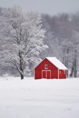 Wall Mural - A red barn standing in a snowy field, with a soft background of snow-covered trees and landscape. 
