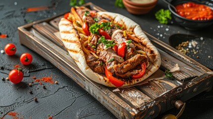 Poster - Wooden tray presentation of doner kebab or pita sandwich