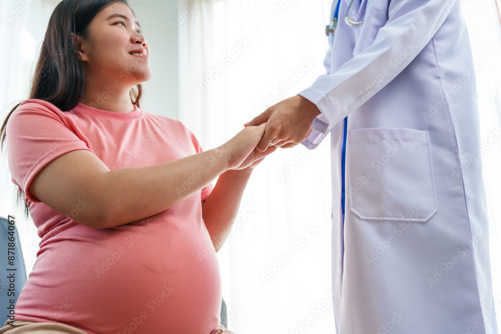 Asian female doctor nurse encouragement to a pregnant woman on a sofa ...
