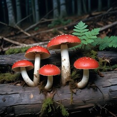 Wall Mural - Some mushrooms with red caps and white gills growing on a decaying log against a dark background