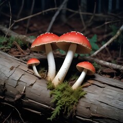 Wall Mural - Some mushrooms with red caps and white gills growing on a decaying log against a dark background