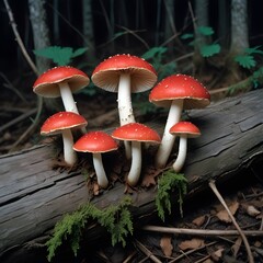 Wall Mural - Some mushrooms with red caps and white gills growing on a decaying log against a dark background