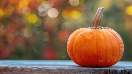 Sticker - Pumpkin on wooden surface with blurry backdrop