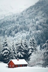 Wall Mural - A small cabin covered in snow, with a softly blurred background of snowy trees and mountains.