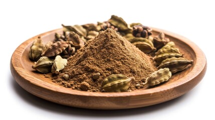 Poster - Cardamom ground on wood plate with pods on white background