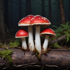 Wall Mural - Some mushrooms with red caps and white gills growing on a decaying log against a dark background