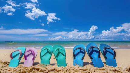 Sticker - The colorful flip-flops on beach