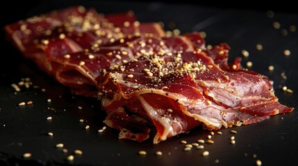 Poster - Serrano Iberico ham with sesame seeds on black background