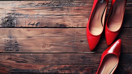 High heels on wooden surface with space for text