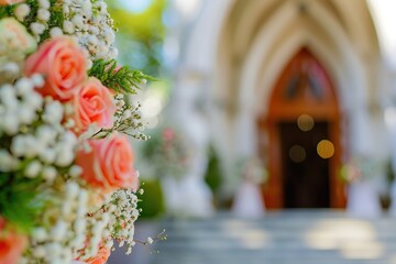 Wall Mural - Wedding chapel defocused background, blurred traditional building. blur church background wedding ceremony Details of the wedding day