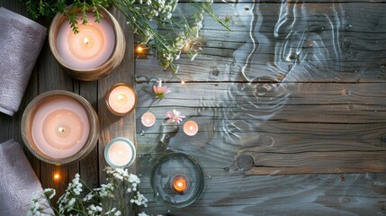 Poster - Candles and spa items on wooden surface from above Burning candle in water with spa essentials Aromatherapy set from high angle