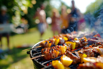 Wall Mural - A photo of an outdoor barbecue grilling with many colorful skewers of meat and vegetables on the grill, in a park setting with people friends on background