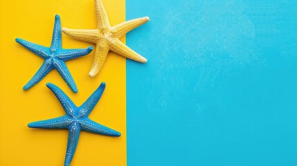 Canvas Print - Sea stars on paper card against blue and yellow background Summer holiday theme