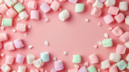 Sticker - Colorful marshmallows on pink background with space for text Aerial or overhead perspective