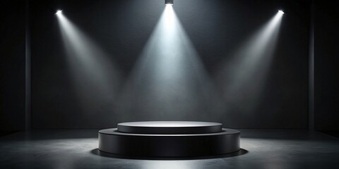 A dark room with three spotlights illuminating a circular platform in the center, creating a dramatic and mysterious atmosphere. - spotlight, circular, platform, dark, room, dramatic, mysterious, blac