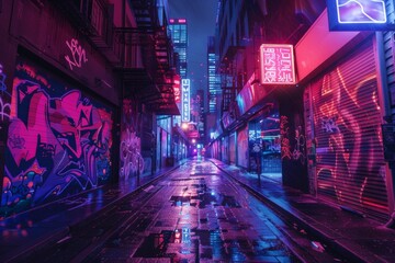 An urban alleyway covered in neon graffiti, with vibrant, street art. 