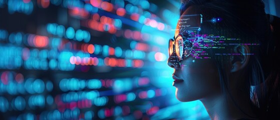 Software, data hologram and woman with code analytics, information technology and gdpr overlay. Programmer coding or IT person in glasses reading html script, programming and cyber security research 