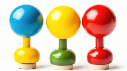 Colorful wooden children s toys with three balloons isolated on white background Educational playthings