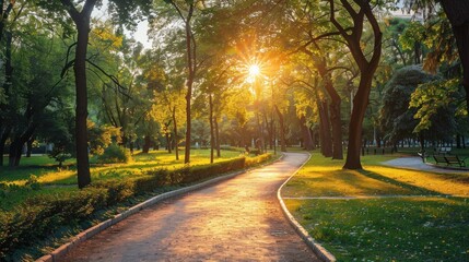 Wall Mural - Sunlit Pathway Through a Tranquil Park