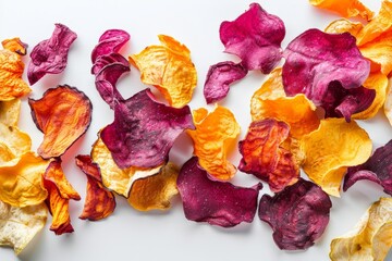 Poster - Assorted vegetable chips on white background with copy space for healthy vegan snack options