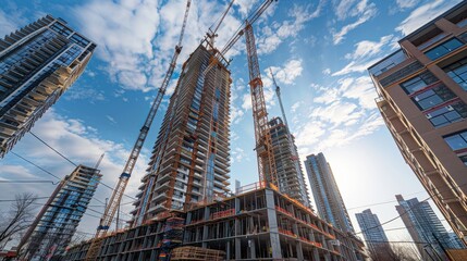 Wall Mural - A construction site with cranes and scaffolding in the background