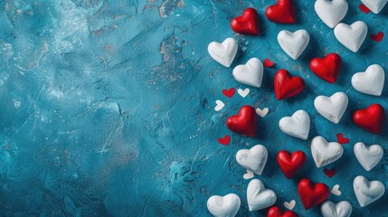 Wall Mural - Valentine s Day themed blue background with white and red hearts Concept for Valentine s Day Top view with space for text