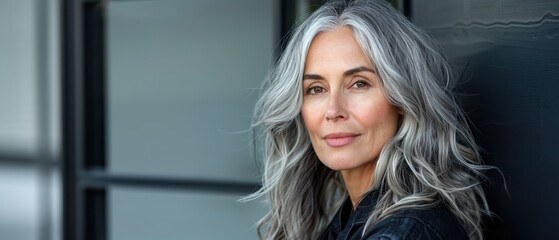 Middle age woman, grey hair, beauty photography, portrait, banner with copy space