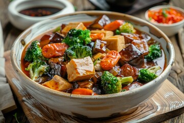 Poster - Braised mixed dried seafood and vegetables in dark soy sauce at Asian restaurant serving halal cuisine