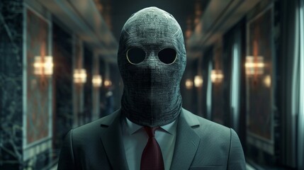 A man in a suit and tie is wearing a mask