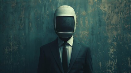 Wall Mural - A man in a suit and tie is wearing a mask that looks like a television screen