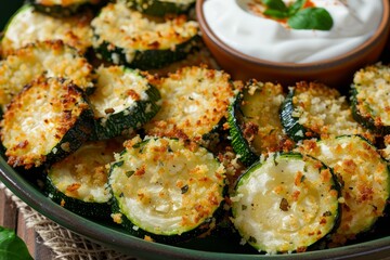 Sticker - Breaded Panko zucchini slices with sour cream on table in close up