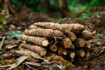 Canvas Print - Bundle of cassava stems Planting cassava saplings in field