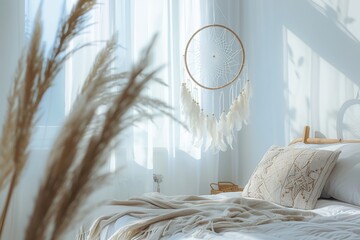 Sticker - White handmade dreamcatcher in bedroom. Interior decoration. Beautiful dream catcher inside white room at home