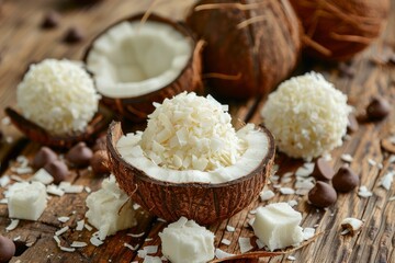 Canvas Print - Coconut and white chocolate treats on wood background